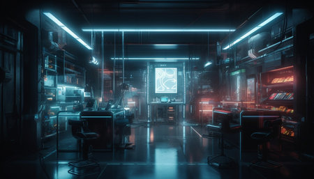 Futuristic machinery illuminates modern architecture inside a dark factory workshop generated by artificial intelligenceの素材