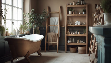 Modern elegance meets rustic simplicity in clean domestic loft apartment generated by artificial intelligenceの素材