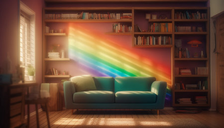 A modern, comfortable living room with bookshelf and electric lamp generated by artificial intelligenceの素材