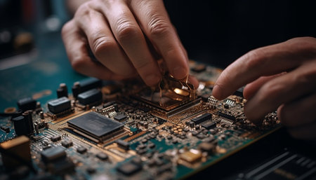 Expert technician disassembling computer chip with soldering iron for repair generated by artificial intelligenceの素材