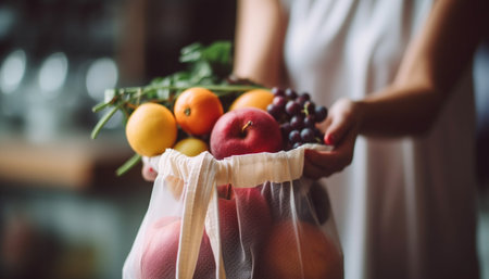One person holding a basket of fresh, organic fruit groceries generated by artificial intelligenceの素材