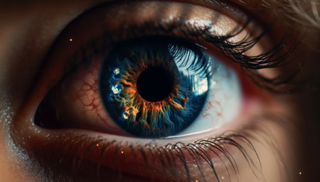 Blue eyed beauty staring at camera with selective focus on iris generated by artificial intelligenceの素材