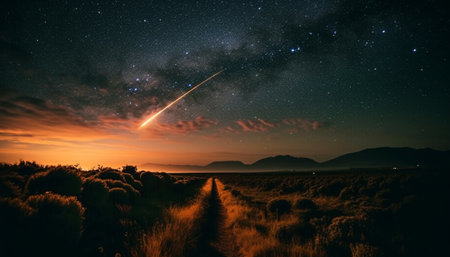 Adventure awaits under the majestic starry sky in nature beauty generated by artificial intelligenceの素材