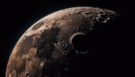 Satellite orbiting planet in dark space, illuminated by moonlight generated by artificial intelligenceの素材