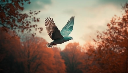 A majestic hawk spreads wings in tranquil autumn sunset generated by artificial intelligenceの素材