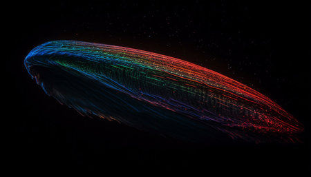 A glowing spiral of vibrant colors in a dark space generated by artificial intelligenceの素材