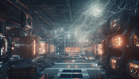 Futuristic technology illuminates modern architecture in digitally generated image generated by artificial intelligenceの素材