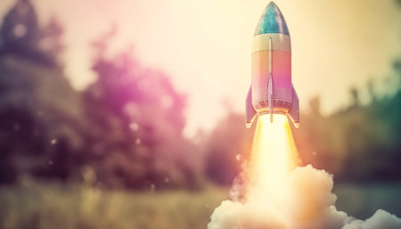 Futuristic spaceship takes off into purple galaxy, fueled by innovation generated by artificial intelligenceの素材