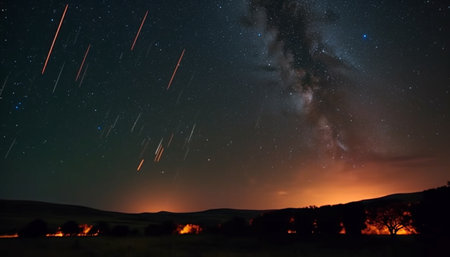 Milky Way illuminates majestic mountain range in tranquil star field generated by artificial intelligenceの素材