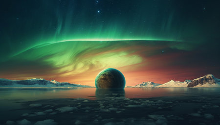 The majestic mountain range illuminated by the glowing star field generated by artificial intelligenceの素材