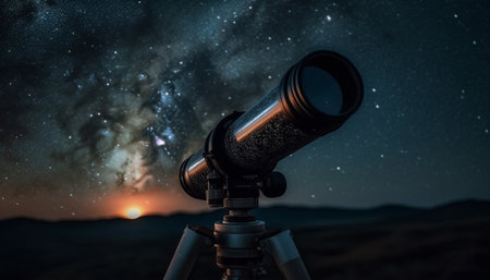 Hand held telescope captures star trail in Milky Way landscape generated by artificial intelligenceの素材