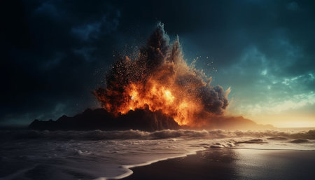 The burning bonfire illuminates the dark, dramatic sky at dusk generated by artificial intelligenceの素材