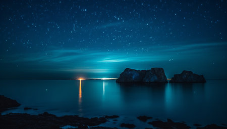 The tranquil scene of the coastline illuminated by moonlight generated by artificial intelligenceの素材