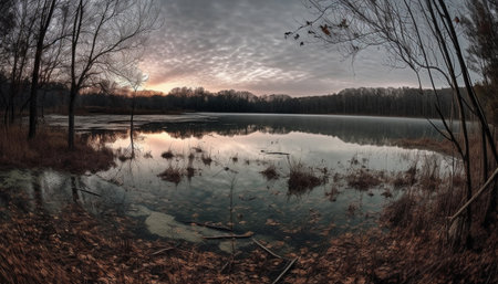 At dawn, the tranquil meadow reflects the beauty of nature generated by artificial intelligenceの素材