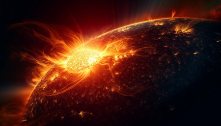 A glowing sphere of fire illuminates the abstract galaxy fractal generated by artificial intelligenceの素材