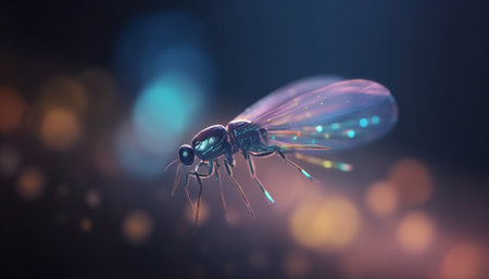 Glowing arthropod wing illuminated in the dark, beauty in nature generated by artificial intelligenceの素材