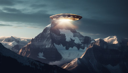 Futuristic spaceship flies over majestic mountain range in mysterious galaxy generated by artificial intelligenceの素材