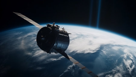 Futuristic spaceship orbits blue planet in Milky Way galaxy adventure generated by artificial intelligenceの素材