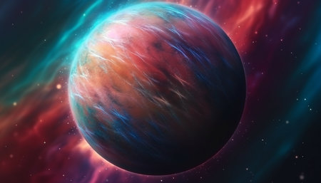 Orbiting satellite glows in star field, exploring deep space generated by artificial intelligenceの素材