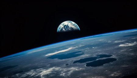 Satellite orbiting dark sphere in glowing blue stratosphere at night generated by artificial intelligenceの素材