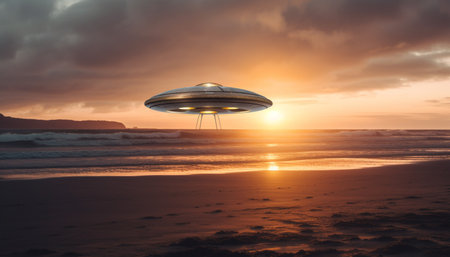 Futuristic spaceship orbits glowing galaxy, reflecting mystery and imagination generated by artificial intelligenceの素材