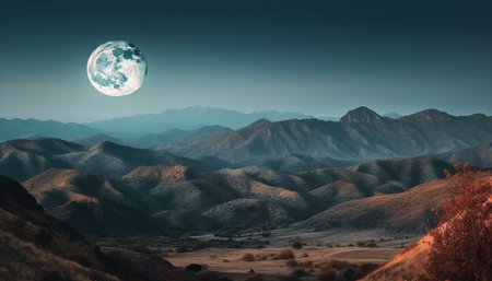Majestic mountain range under moonlight, a tranquil winter landscape generated by artificial intelligenceの素材