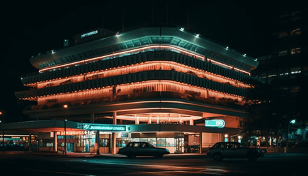 The futuristic car speeds through the illuminated city skyline at night generated by artificial intelligenceの素材