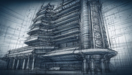 Futuristic skyscraper facade outlines blueprint for modern fuel efficient apartment construction generated by artificial intelligenceの素材
