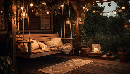 Rustic lantern illuminates comfortable living room with modern decor and elegance generated by artificial intelligenceの素材