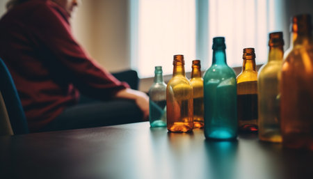 Sitting alone, drinking whiskey, reflecting on addiction and loneliness generated by artificial intelligenceの素材