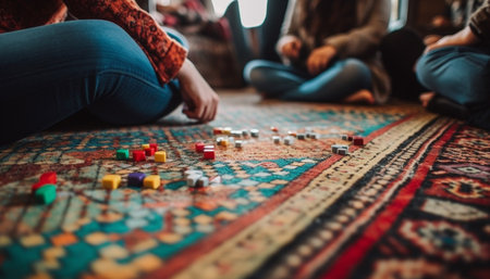 A group of friends playing games on multi colored rug together generated by artificial intelligenceの素材