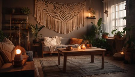 A cozy, modern living room illuminated by electric lamps and candles generated by artificial intelligenceの素材