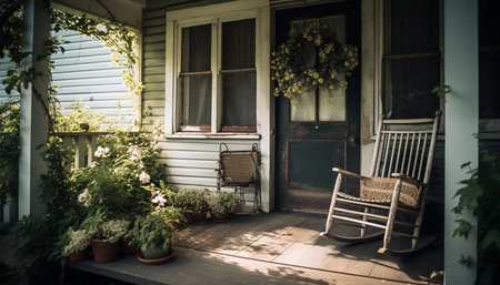Rustic chair on porch, surrounded by nature elegance and comfort generated by artificial intelligenceの素材