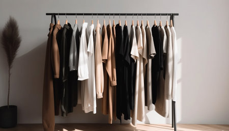 Elegant clothing collection hanging on coathangers in modern boutique generated by artificial intelligenceの素材