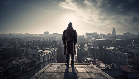 Confident businessman watches city sunset, leading corporate success with confidence generated by artificial intelligenceの素材