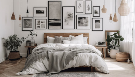 Elegant bedroom design with cozy bedding and modern lighting fixture generated by artificial intelligenceの素材