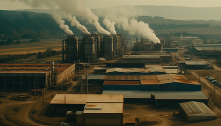 Smokestacks belching fumes pollute the air, harming nature environment generated by artificial intelligenceの素材