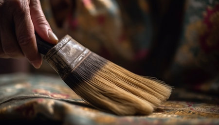 Artist hand holding paintbrush creates colorful acrylic painting indoors generated by artificial intelligenceの素材