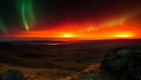 Tranquil scene illuminated by multi colored Milky Way galaxy at night generated by artificial intelligenceの素材