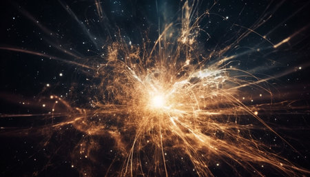 Shiny fireworks display igniting the night sky with vibrant colors generated by artificial intelligenceの素材