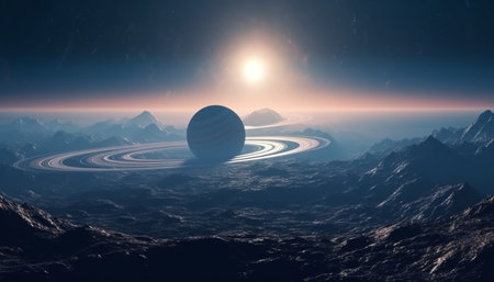 Spaceship orbits planet in majestic galaxy, exploring mysterious landscapes generated by artificial intelligenceの素材