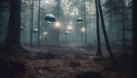 A spooky autumn night, illuminated by moonlight and evil beauty generated by artificial intelligenceの素材