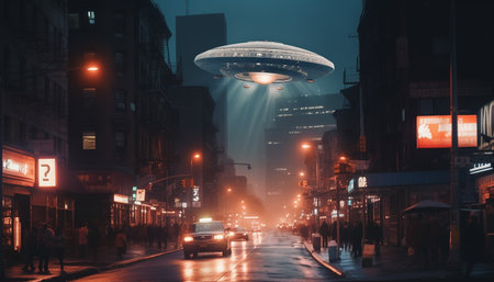 Driving through vibrant city life, neon lights illuminate architecture generated by artificial intelligenceの素材