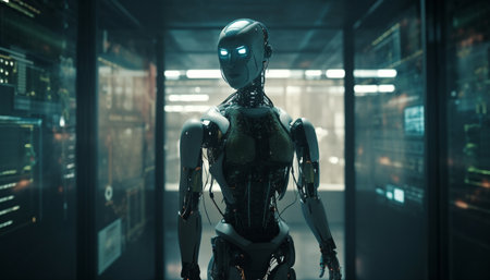 One person standing in a modern factory with robotic arm generated by artificial intelligenceの素材