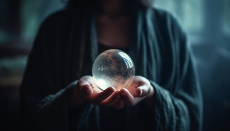 A glowing crystal ball held by a young woman illuminates futures generated by artificial intelligenceの素材