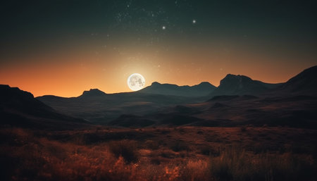 Majestic mountain range illuminated by star trail in tranquil scene generated by artificial intelligenceの素材