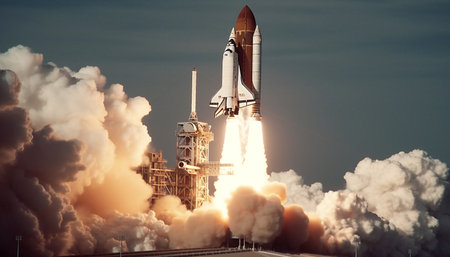 Futuristic spaceship takes off into blue sky, powered by technology generated by artificial intelligenceの素材