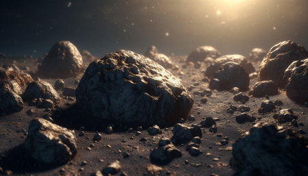 Sunset over the wet coastline, a small abstract sphere shapes beauty generated by artificial intelligenceの素材