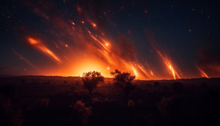 Silhouette of trees back lit by bonfire under Milky Way generated by artificial intelligenceの素材