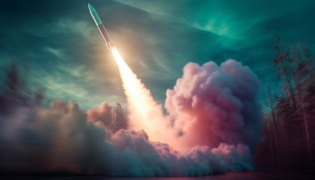 Dangerous galaxy explodes in fiery wave, flying towards ominous stratosphere generated by artificial intelligenceの素材